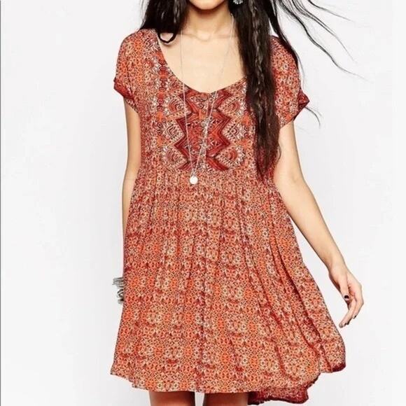 Free People Sundown Babydoll Dress S/P 🧡 Aztec Orange Boho Mini - Picture 3 of 10